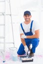 Portrait of smiling handyman using paint roller in tray