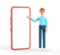 Portrait of smiling happy businessman with big phone. 3D illustration of cartoon standing man pointing finger at screen