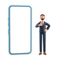 Portrait of smiling happy businessman with big phone showing gesture cool. 3D illustration of cartoon standing man in suit
