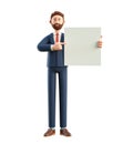 Portrait Of Smiling Happy Businessman Holding White Blank Board. 3D Illustration Of Cartoon Standing Man In Suit Showing Banner