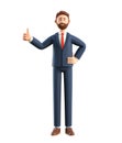 Portrait of smiling happy businessman showing gesture cool. 3D illustration of cartoon standing man in suit with thumb up