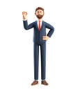 Portrait of smiling happy businessman showing ok gesture. 3D illustration of cartoon standing man in suit with okay sign Royalty Free Stock Photo