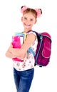 Portrait of smiling happy school girl child with school bag back