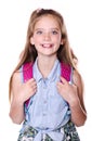 Portrait of smiling happy school girl child teenager with school bag backpack isolated Royalty Free Stock Photo