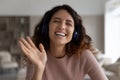 Portrait of smiling Hispanic woman talk on webcam call Royalty Free Stock Photo