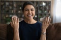 Portrait of smiling Indian woman have webcam call Royalty Free Stock Photo