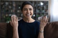 Portrait of smiling Indian woman have webcam call Royalty Free Stock Photo