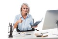 portrait of smiling lawyer showing thumb up at workplace