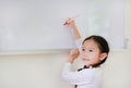 Portrait of Smiling little Asian child girl or Schoolgirl writing something on whiteboard with a marker and looking up in the Royalty Free Stock Photo