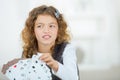 Portrait smiling little girl playing cards Royalty Free Stock Photo