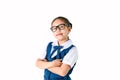 Portrait of smiling, little girl in school uniform Isolated on white background