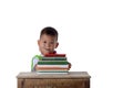 Portrait of smiling little student asian boy with many books education and school concept isolated on white background Royalty Free Stock Photo