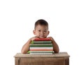 Portrait of smiling little student asian boy with many books education and school concept isolated on white background Royalty Free Stock Photo