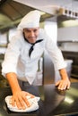 Portrait of a smiling male cook wiping kitchen counter Royalty Free Stock Photo