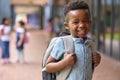 Portrait Of Smiling Male Elementary School Pupil Outdoors With Backpack At School Royalty Free Stock Photo