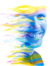 A colorful paintography portrait of a smiling man in double exposure technique