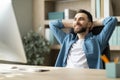 Portrait Of Smiling Millennial Male Entrepreneur Relaxing At Workplace In Office