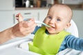 Portrait Of Smiling 8 month Old Baby Boy At Home In High Chair Being Fed Solid Food By Mother With Spoon Royalty Free Stock Photo