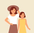 Portrait of smiling mother in hat and her daughter. Joyful adorable mom and child. Happy family. Cute funny cartoon