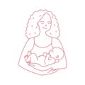Portrait of smiling mother holding baby drawn with contour line on white background. Cheerful mom carrying newborn child