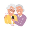 Portrait of smiling old womens. Happy friends holding each other. Happy friendship day. Old people with smartphone