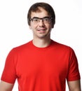 Portrait of smiling positive excited unshaved man in glasses and red t-shirt retelling a story over white background