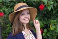 Portrait of smiling pretty beautiful attractive caucasian woman girl in flowery shirt