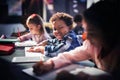 Portrait of smiling schoolboy doing his homework in classroom Royalty Free Stock Photo