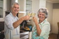 Portrait of smiling senior couple toasting wineglasses while standing in kitchen Royalty Free Stock Photo