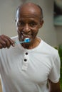 Portrait of smiling senior man brushing teeth in bathroom at home Royalty Free Stock Photo