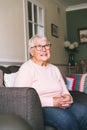 Portrait of smiling senior, mature retired grandmother in eyeglasses, elderly woman smiling sitting on sofa at home Royalty Free Stock Photo