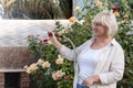 Portrait of smiling senior woman holding water hose watering flowers at backyard garden. Growing and taking care of Royalty Free Stock Photo