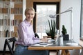 Portrait of smiling successful businesswoman sitting at desk in office Royalty Free Stock Photo