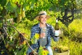 Smiling winemaker offering wine for testing in vineyard