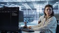 Cheerful admin using AI system aiding in processing and transmitting information