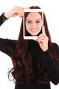 Portrait smiling teenage girl with digital tablet making selfie Royalty Free Stock Photo