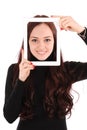 Portrait smiling teenage girl with digital tablet making selfie Royalty Free Stock Photo