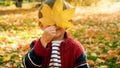 Portrait of smiling toddler boy holding yellow mapple tree leaf at his face