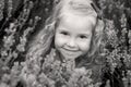 Portrait smiling toddler girl in lavender Royalty Free Stock Photo