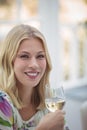 Portrait of smiling woman having wine during lunch Royalty Free Stock Photo