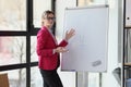 Smiling woman near presentation board showing exclamation point Royalty Free Stock Photo