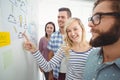 Portrait of smiling woman pointing at wall with sticky notes and drawings Royalty Free Stock Photo