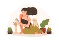 Portrait of smiling woman sitting on floor with her pet cat and using electric fan to cool down. Adorable cartoon Royalty Free Stock Photo