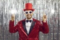 Portrait of happy disco man point up at deal Royalty Free Stock Photo