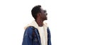 Portrait of smiling young african man looking away wearing sunglasses, jean jacket isolated on white background Royalty Free Stock Photo