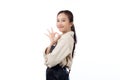 Portrait smiling young asian woman wearing apron showing ok sign with hand isolated. Royalty Free Stock Photo