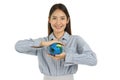 Portrait of smiling young beautiful Asian woman with long dark brown hair holding  earth globe isolated on white background Royalty Free Stock Photo