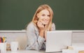 Portrait of smiling young college student studying in classroom. Creative young smiling female student using laptop. Royalty Free Stock Photo