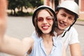 Portrait of a smiling young couple in helmets Royalty Free Stock Photo