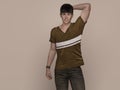 3D Render : Portrait of a smiling young handsome asian man in brown T-shirt and jeans Royalty Free Stock Photo